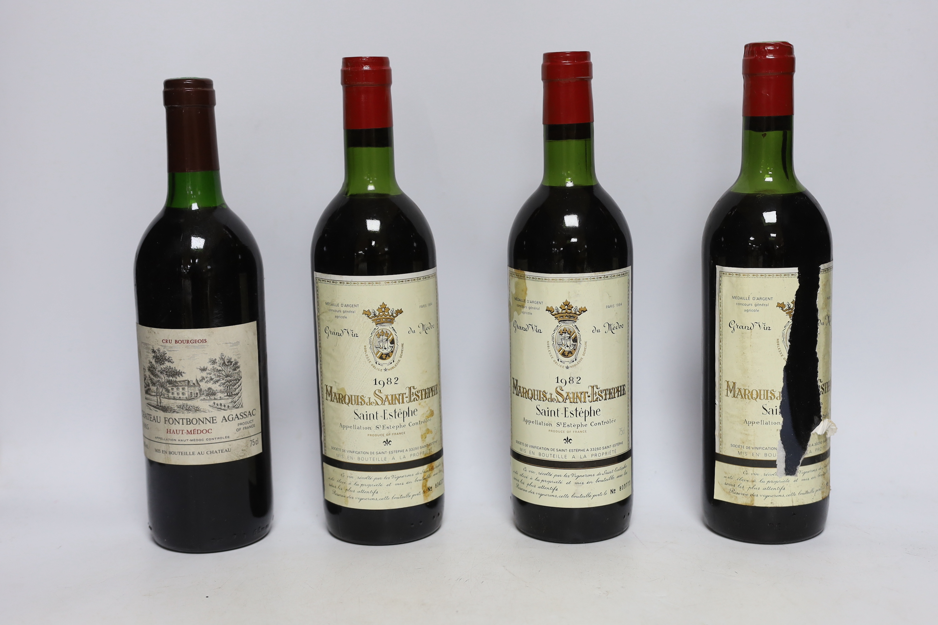 Seven bottles of Saint-Estephe 1982 and three bottles of Haute Medoc 1985 Chateau Fondbonne Agassac and one bottle Medoc 1984 Chateau Plagnac, wine